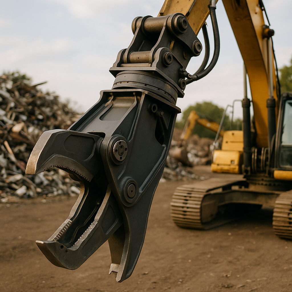 Mobile Shear Attachment on Excavator Close-up of a mobile shear attachment mounted on an excavator with open jaws displaying powerful blades, outdoors at a recycling site.