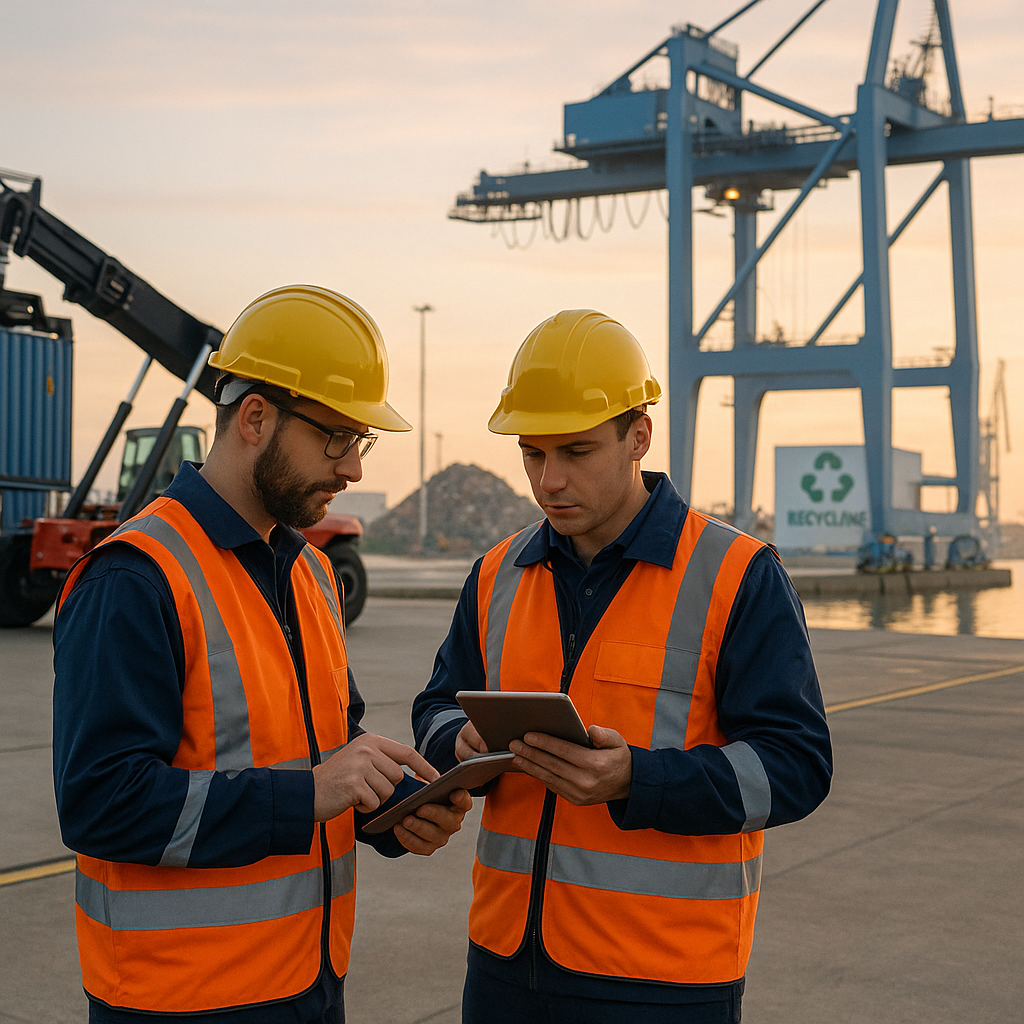 Modernized port scene with workers collaborating on digital tablets and a recycling facility in the background during sunrise.