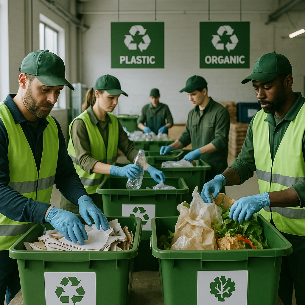 Eco-Friendly Recycling Center Operations Workers processing paper, plastics, and organics at a modern recycling center in a clean and orderly environment.