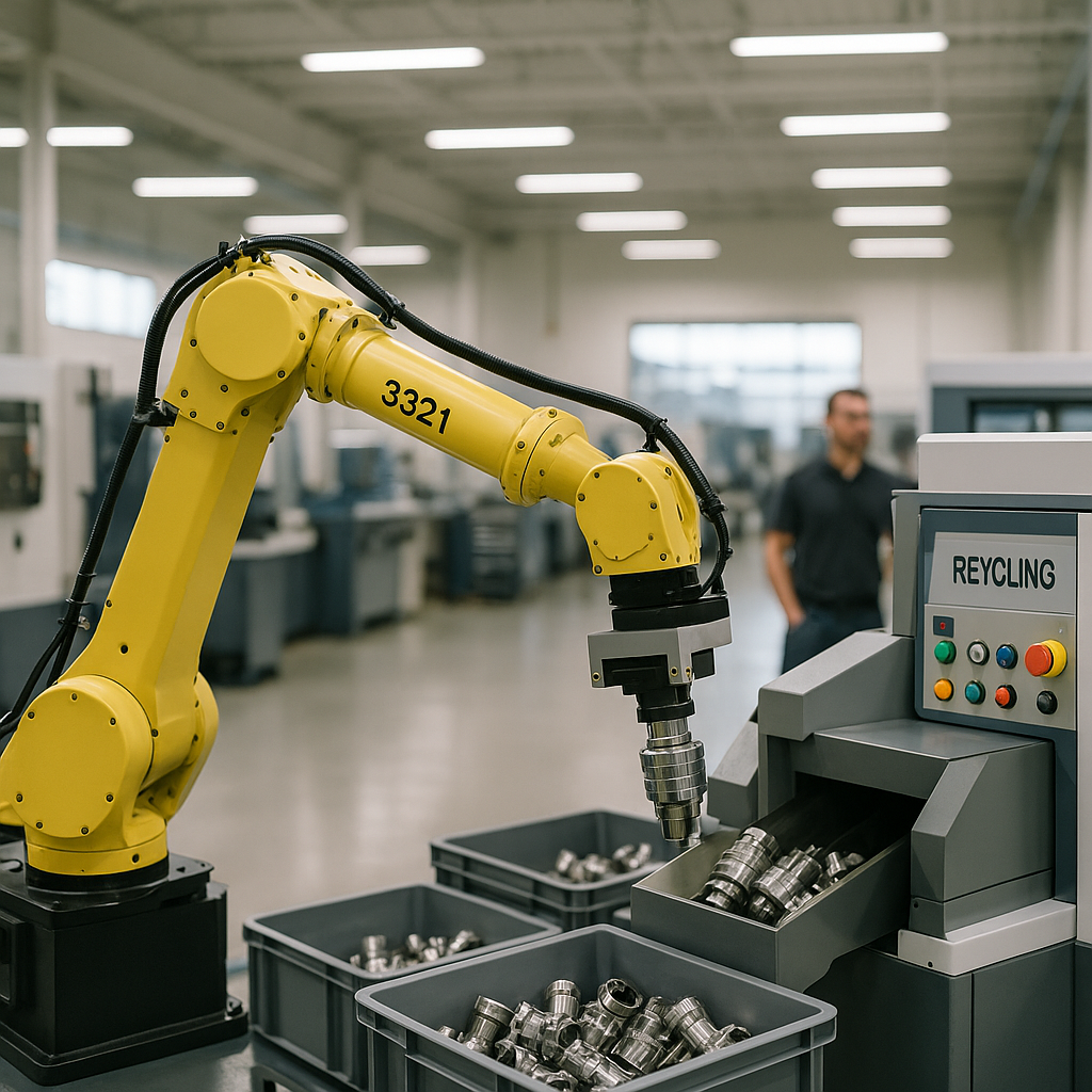 Advanced Robotics in Modern Recycling Facility Modern recycling facility with advanced robotics handling CNC machine parts efficiently.