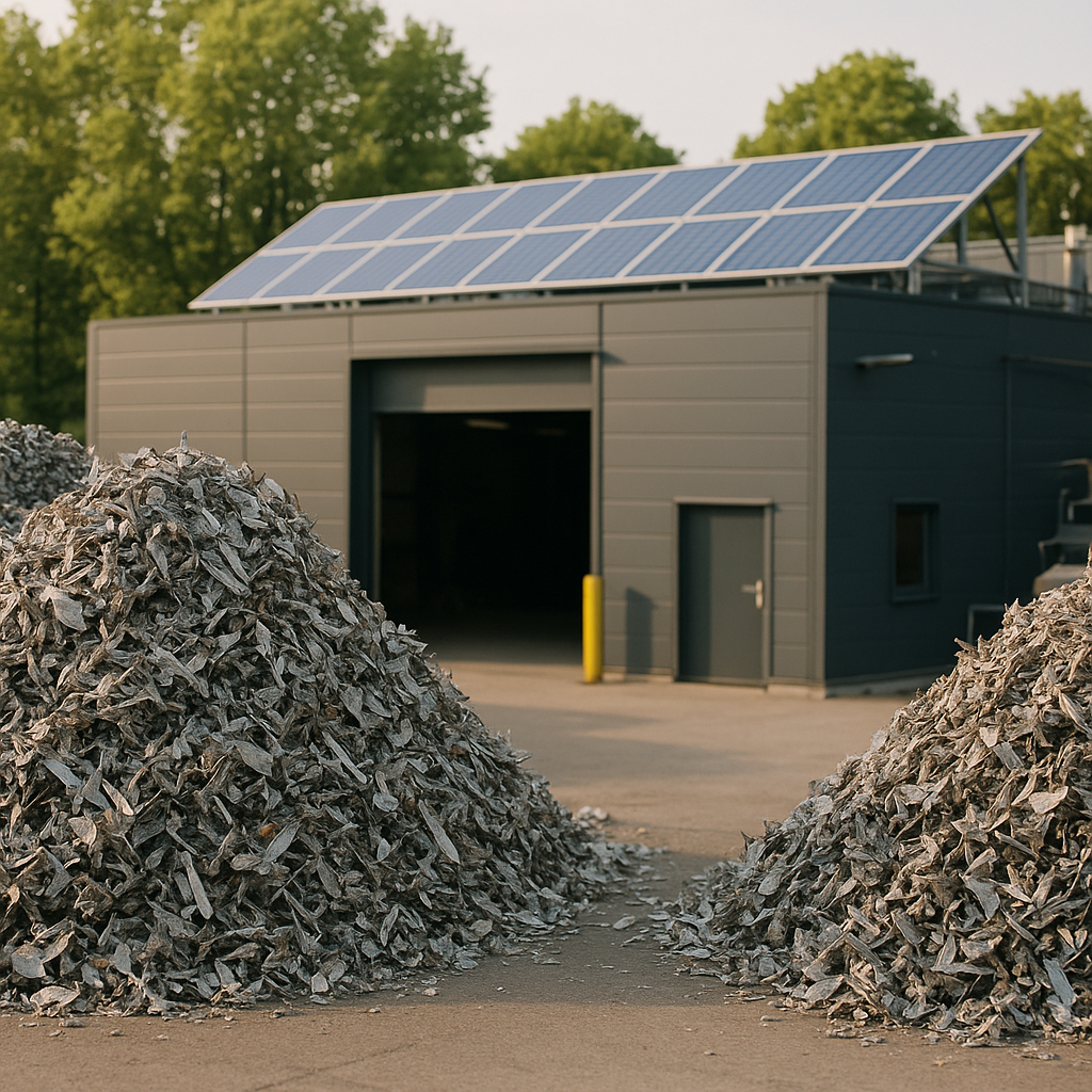 Sustainability in Action: Modern Recycling Facility Modern recycling facility with shredded metal piles, green trees, and solar panels, symbolizing sustainability and innovation.