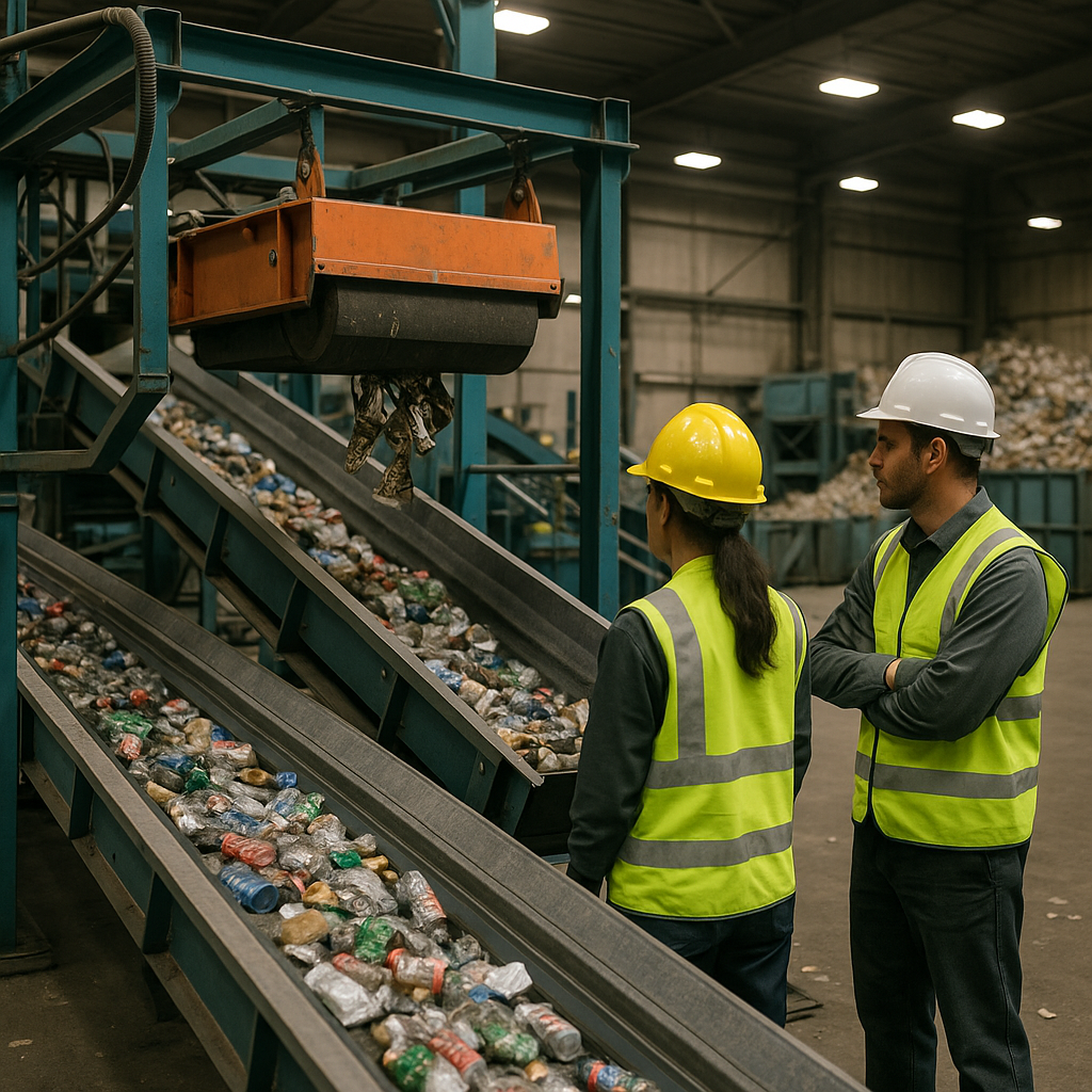 Modern Recycling Plant Interior Interior of a modern recycling plant featuring conveyor belts and a magnetic separator removing metal from mixed recyclables, with workers monitoring the operation.