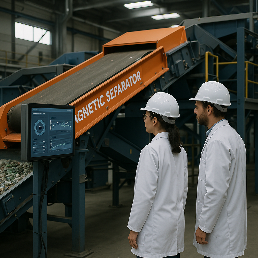 Advanced Recycling Plant with Magnetic Separation Modern recycling plant featuring advanced magnetic separation machinery with engineers monitoring automated systems in a clean environment.