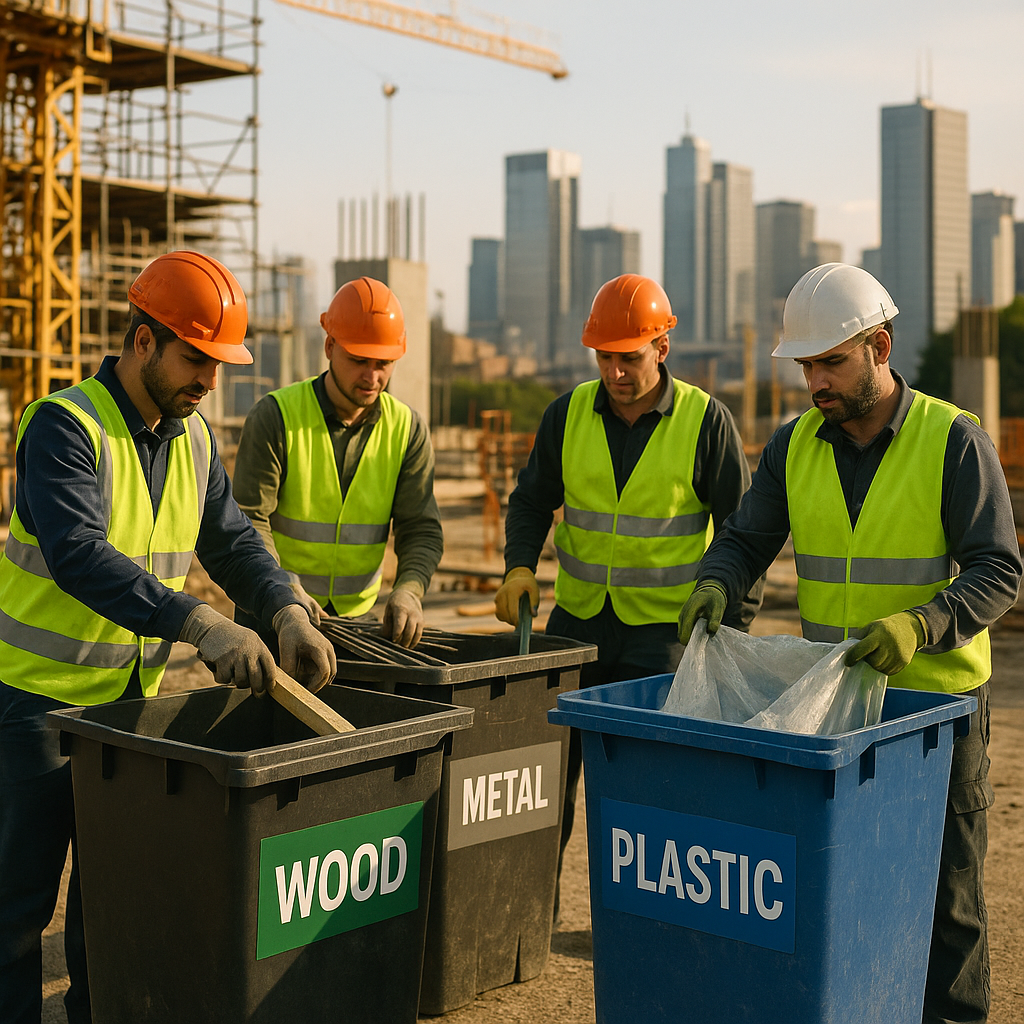 Modern construction site with clean, labeled waste collection stations and workers sorting materials efficiently, with a city skyline in the background.