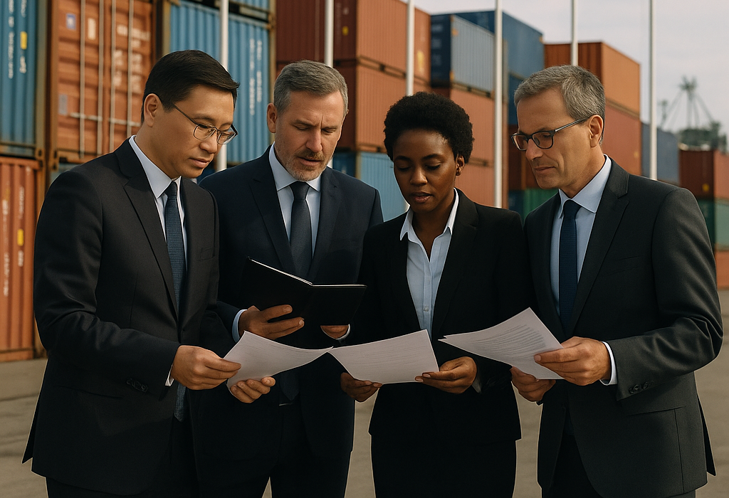 A row of national flags blowing at a port meeting with a group of officials from different countries standing beside shipping containers, reviewing documents.