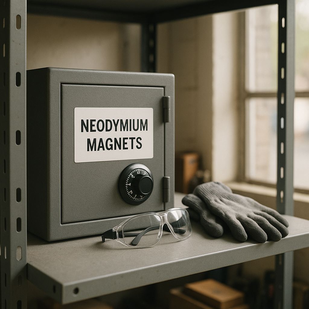 Safety Equipment in Workspace Safe storage box labeled 'Neodymium Magnets' on a shelf with gloves and safety goggles beside it in a well-lit workspace.