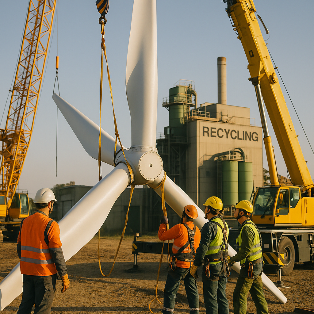 Installation of New Wind Turbine Blades New wind turbine blades being installed beside a recycling plant under a clear sky with workers in safety gear, symbolizing innovation in the industry.