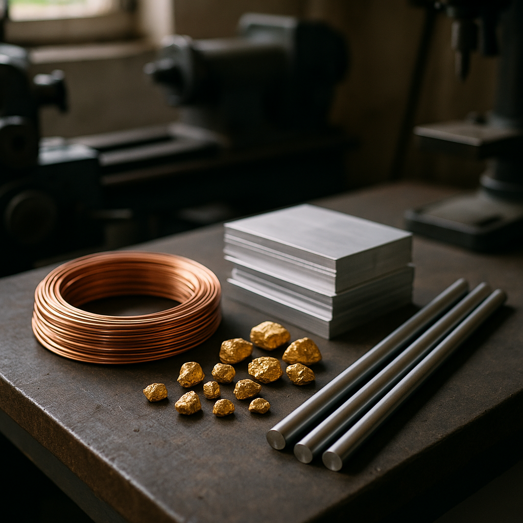 Various non-ferrous metal samples including copper wire, aluminum sheets, gold nuggets, and titanium rods on a workbench.
