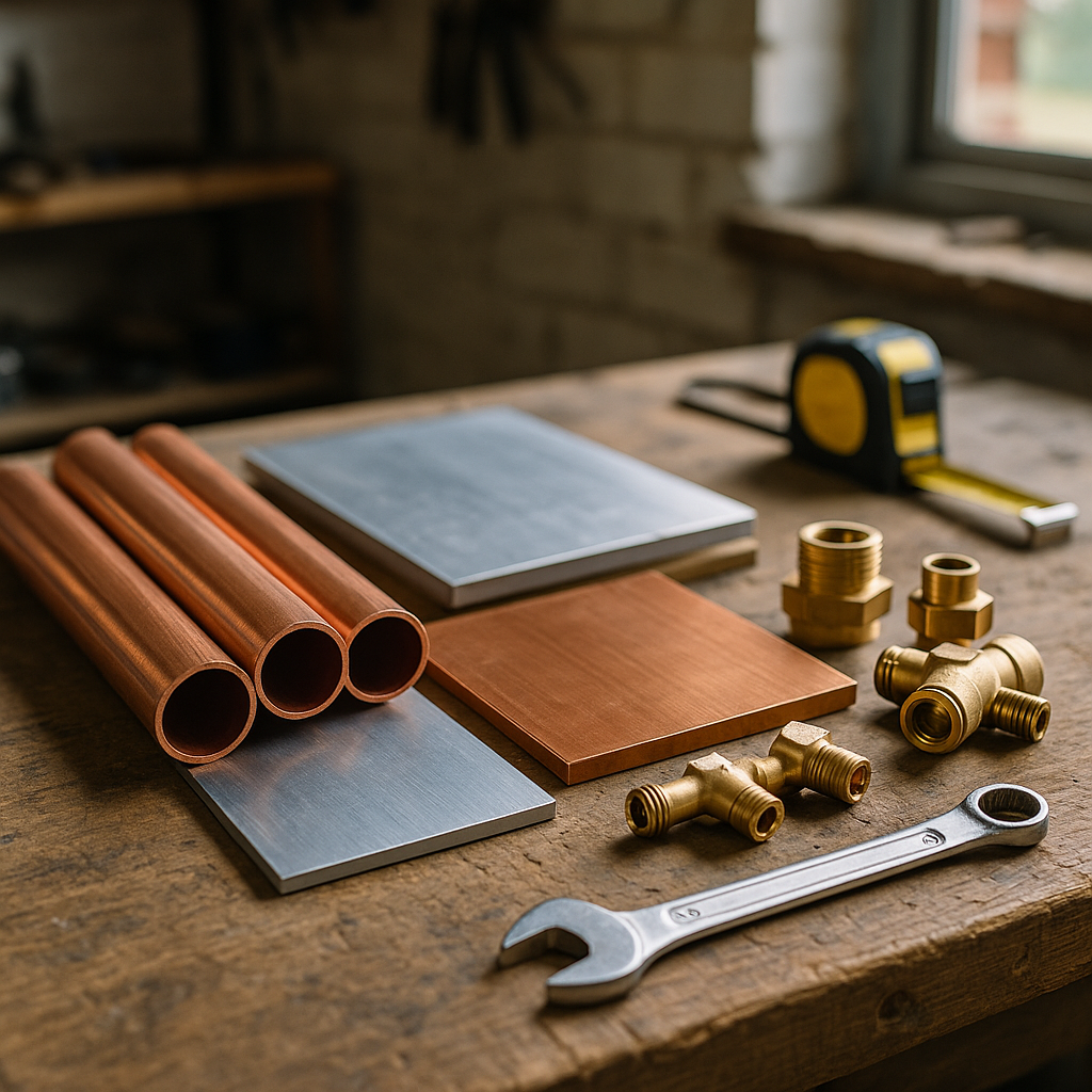 Non-Ferrous Metal Samples on Workbench Variety of non-ferrous metal samples including copper pipes, aluminum sheets, and brass fittings arranged neatly on a workbench.