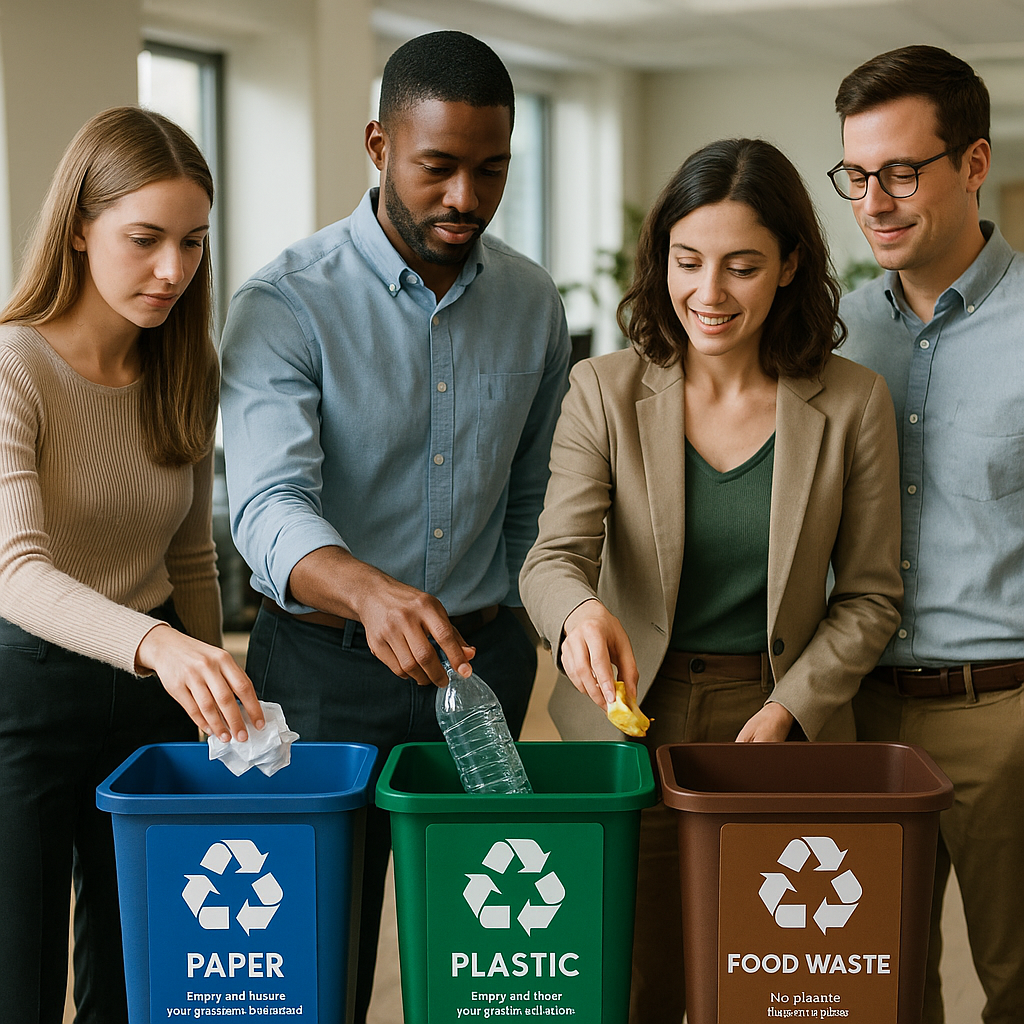 Office Recycling Initiative Office employees sorting paper, plastics, and food waste into color-coded recycling bins with informative signage.