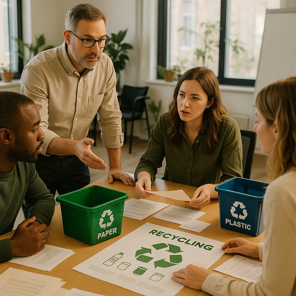 Planning a New Recycling Program in the Office Office manager and staff reviewing recycling posters and sorting bins in a bright office setting.