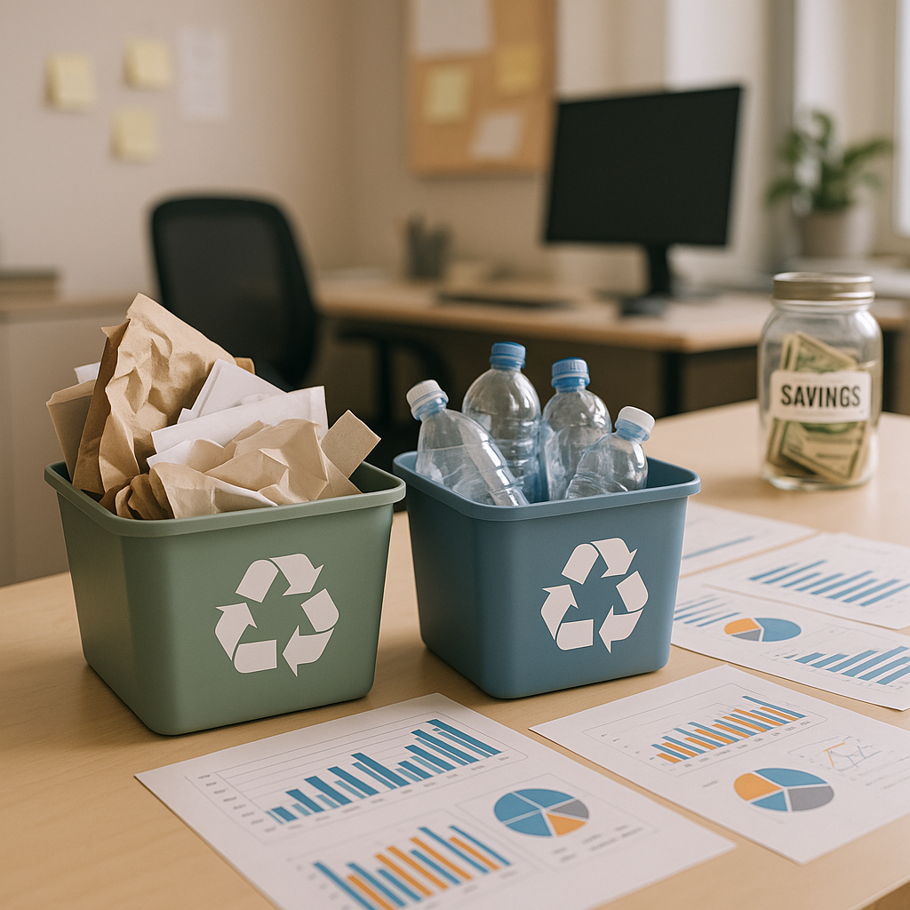 Office Recycling and Financial Planning Office recycling bins filled with sorted paper and plastic beside a desk with financial charts and a visible savings jar.