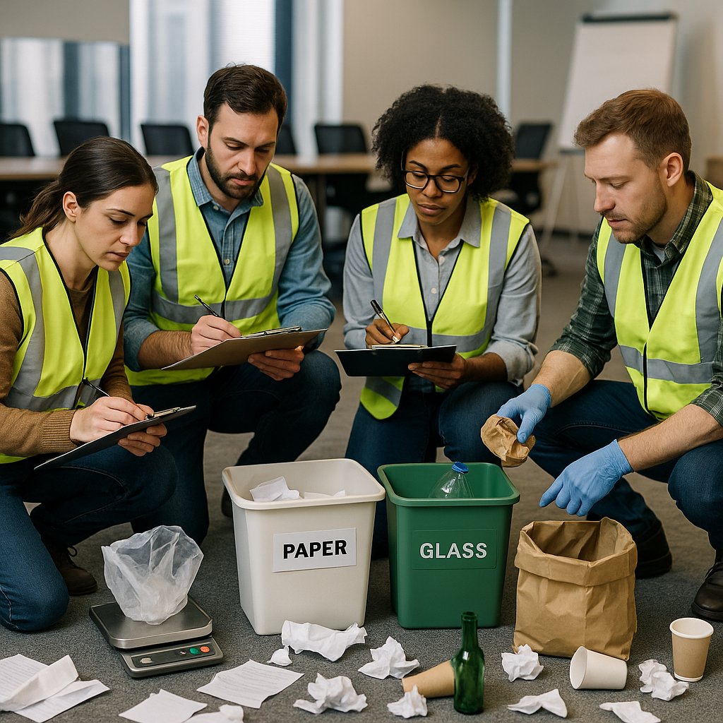Office Trash Sorting by Staff Members Staff members in high-visibility vests sorting office trash into different bins on a conference room floor, with clipboards and scales in use under bright indoor lighting.