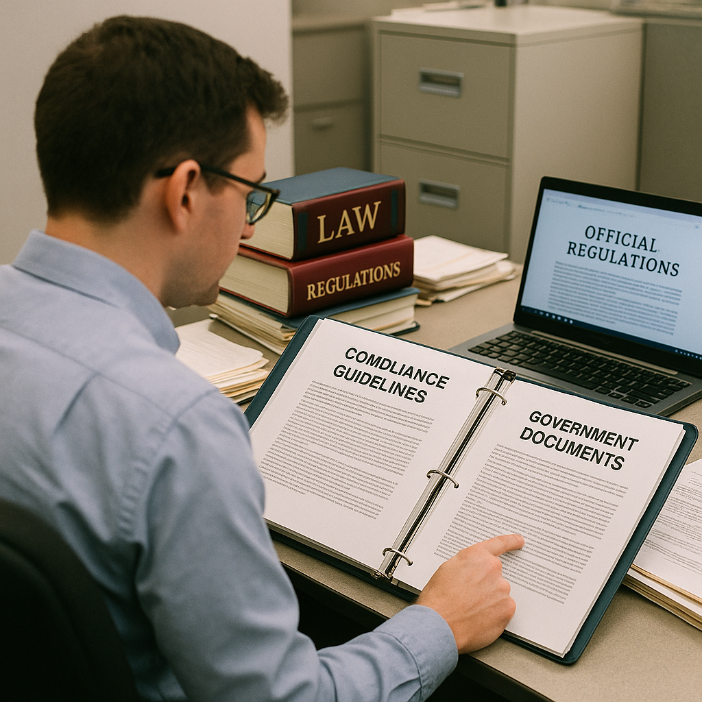 Office Worker and Legal Compliance Review Office worker reviewing government documents and compliance guidelines with legal books and a laptop on desk.