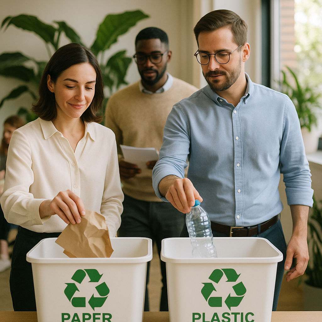 Sustainable Office Recycling Practices Office workers sorting paper and plastic into labeled recycling bins in a modern workspace with green plants and sunlight.