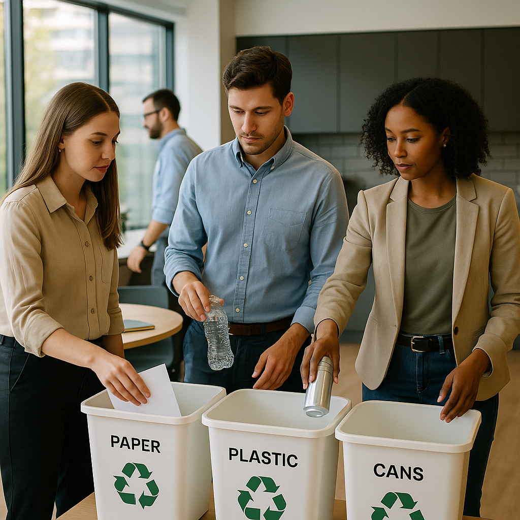 Recycling in the Workplace Office workers recycling paper, plastic, and cans in a modern corporate break room with natural lighting.