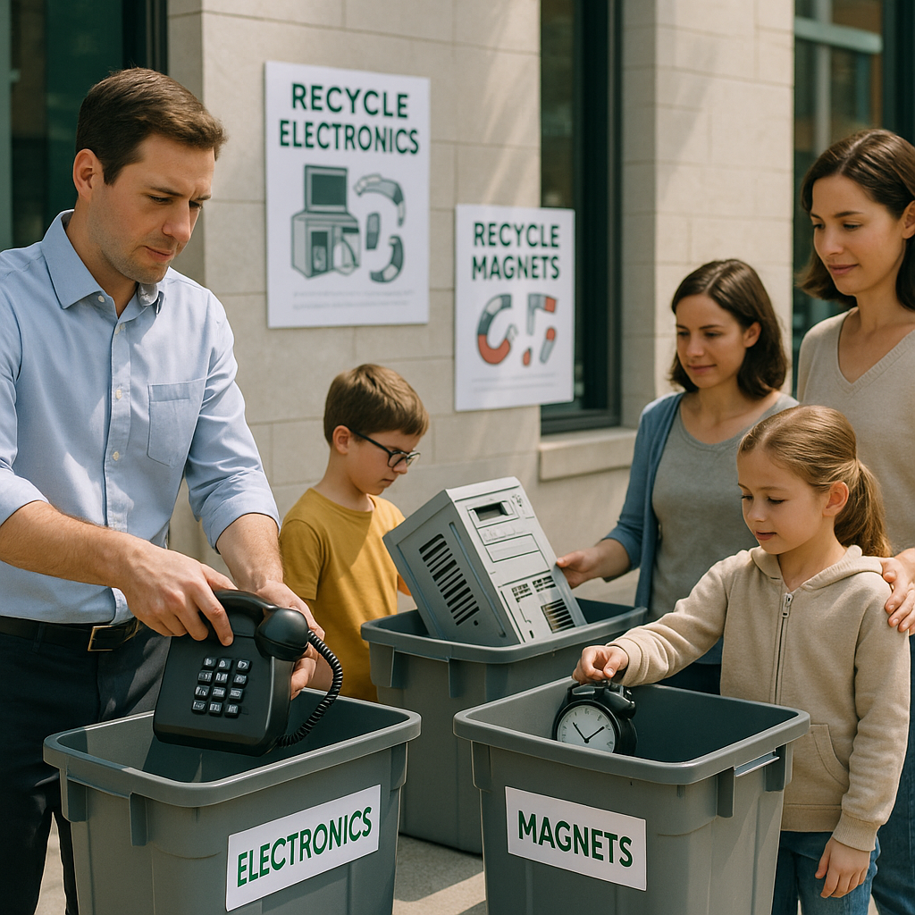 Recycling Old Electronics in Community Office workers and families recycling old electronics and magnets into labeled bins in a clean urban environment.