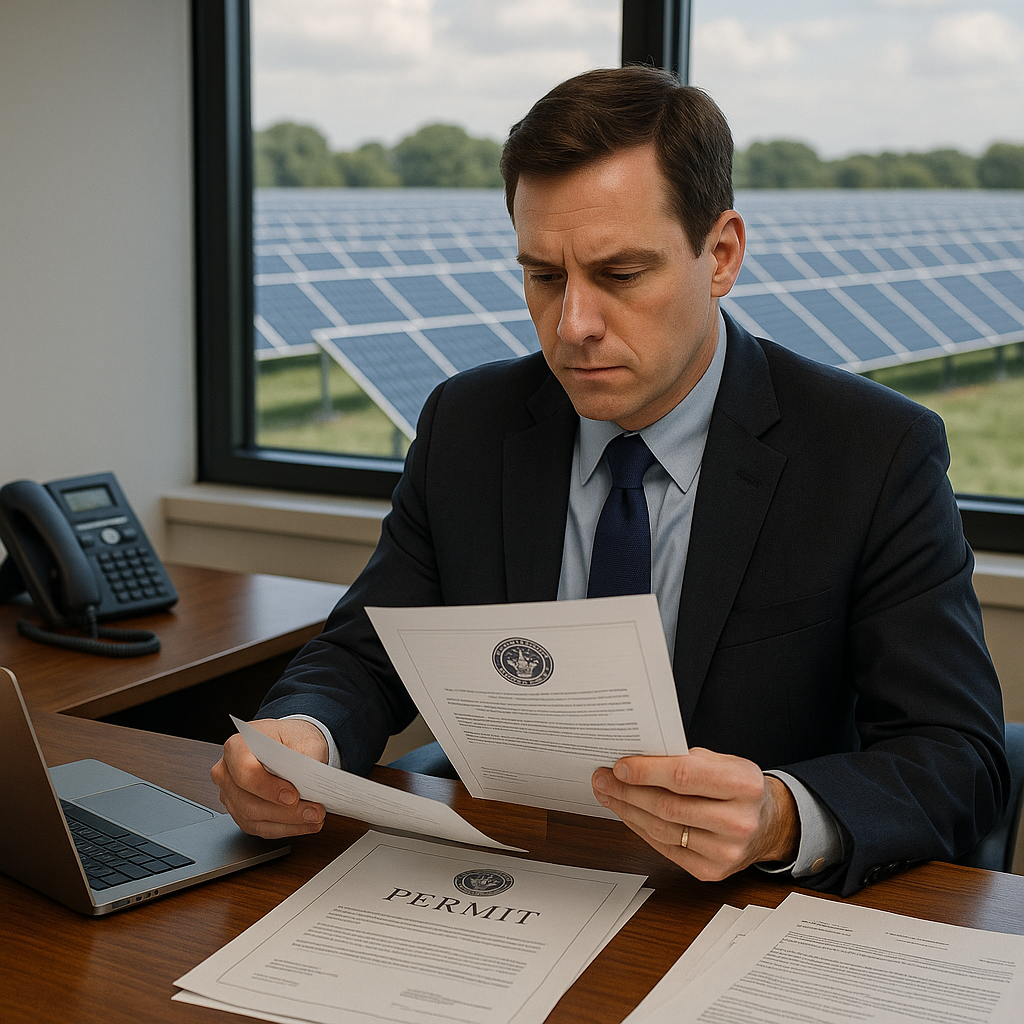 Official Reviewing Legal Documents with Solar Farm View Official at desk reviewing legal documents and permits with a solar farm visible outside the window, featuring a government seal on the paperwork.