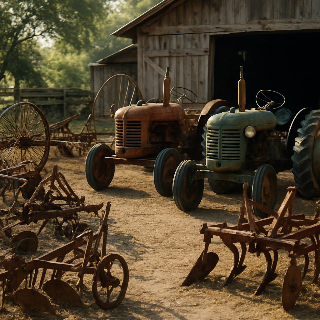 Old Farm Equipment in Barnyard Assortment of old farm equipment including tractors, plows, and metal tools lined up in a rural barnyard with sunlight streaming in.