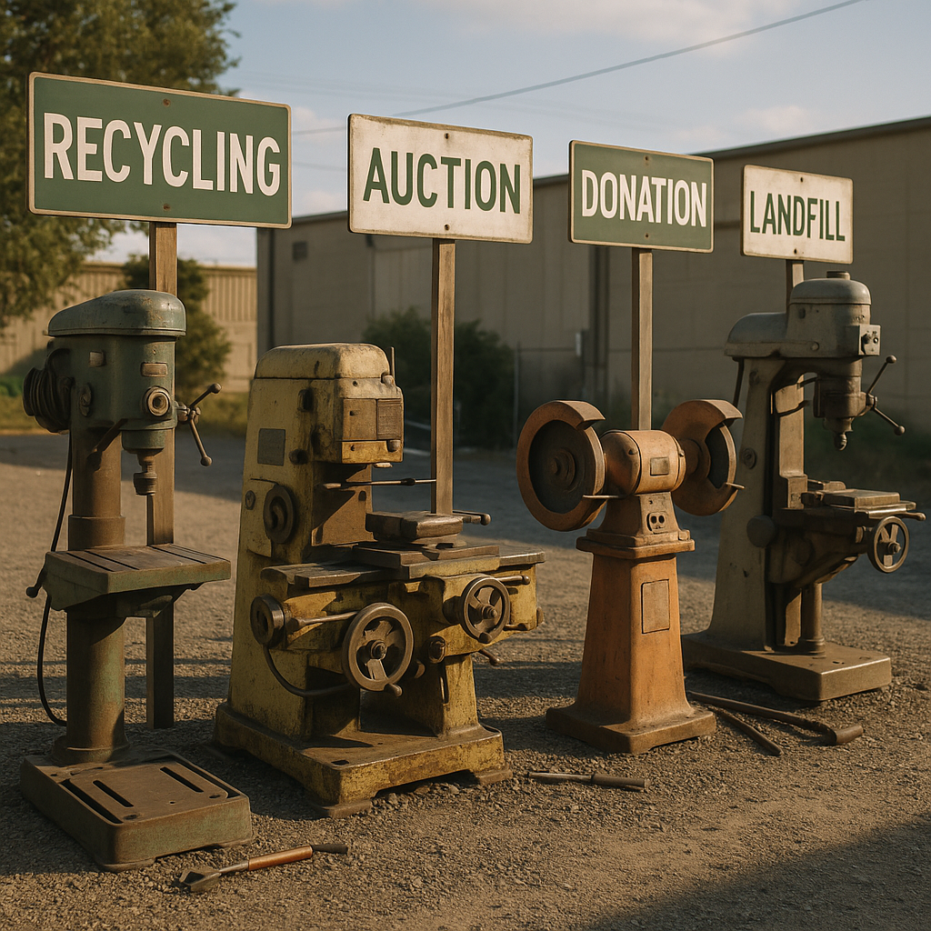 Old Industrial Machines with Recycling and Donation Signs A variety of old industrial machines lined up outdoors with signs indicating recycling, auction, donation, and landfill nearby.