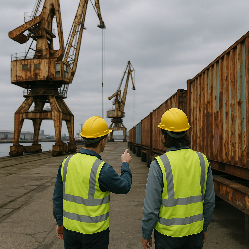 Old port cranes and rusted containers lined up beside the water with workers inspecting them wearing safety gear, set against an industrial harbor background under a cloudy sky.