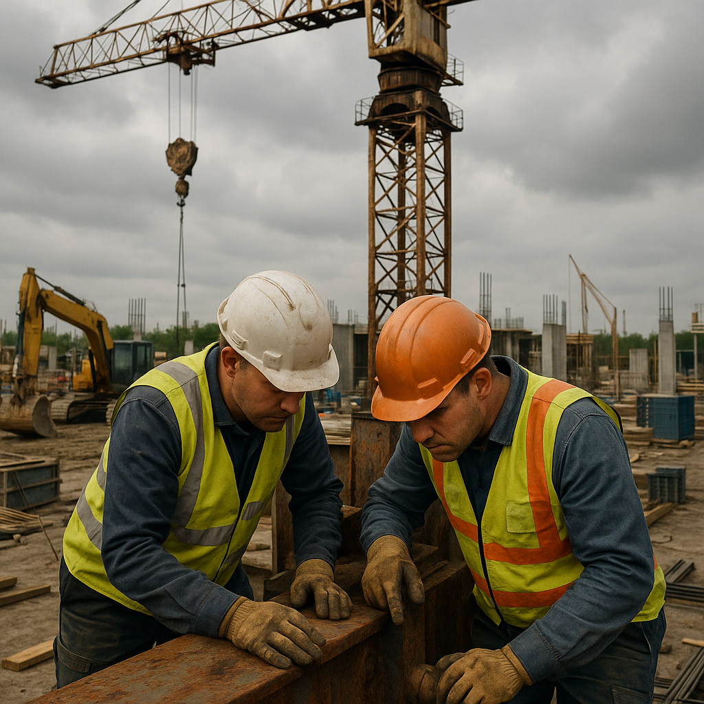 Old tower crane towering over a construction site with workers inspecting rusted and worn metal parts under a cloudy sky.