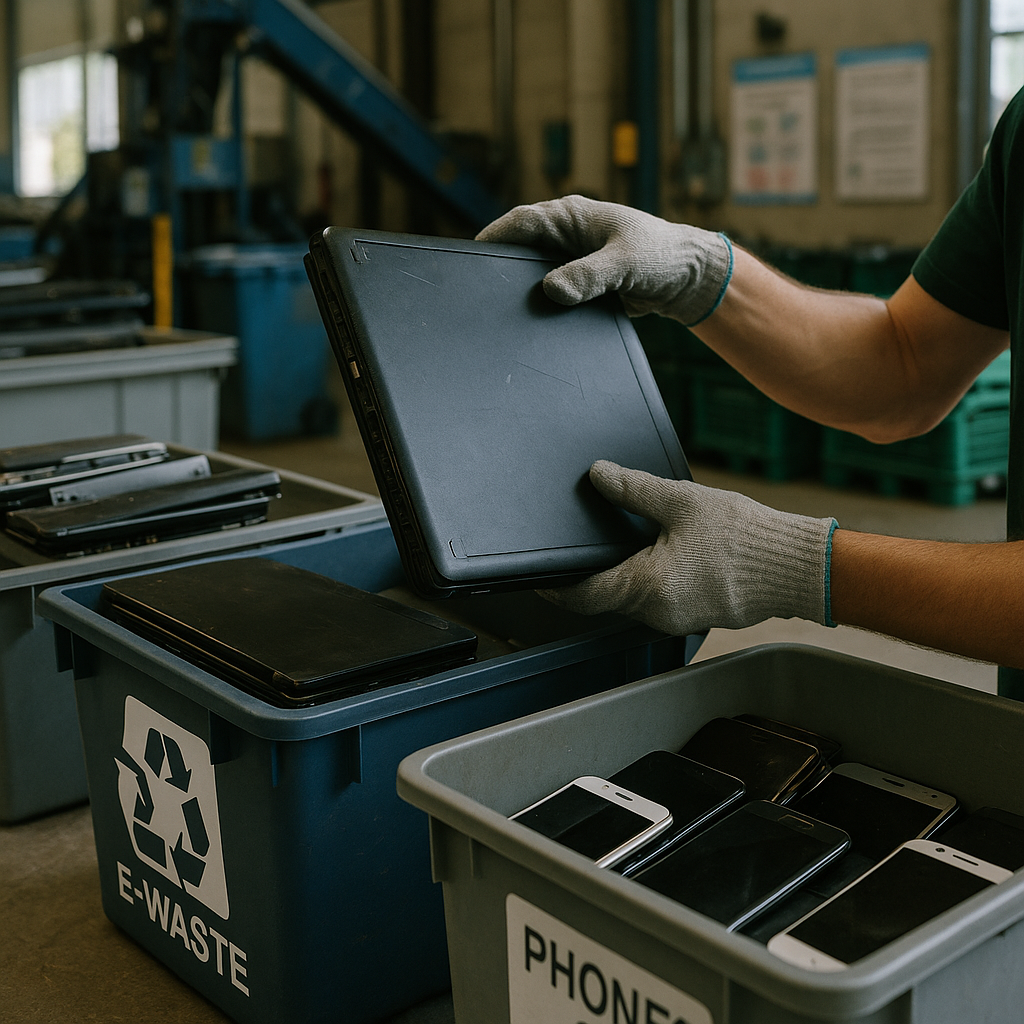 Recycling Old Electronics Gloved hands sorting old electronics like laptops and phones into labeled recycling bins in a bright recycling facility.