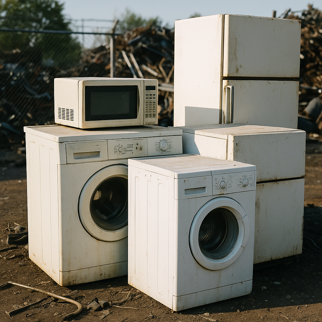 Collection of old household appliances stacked near a scrapyard, including washing machines, refrigerators, and microwaves.