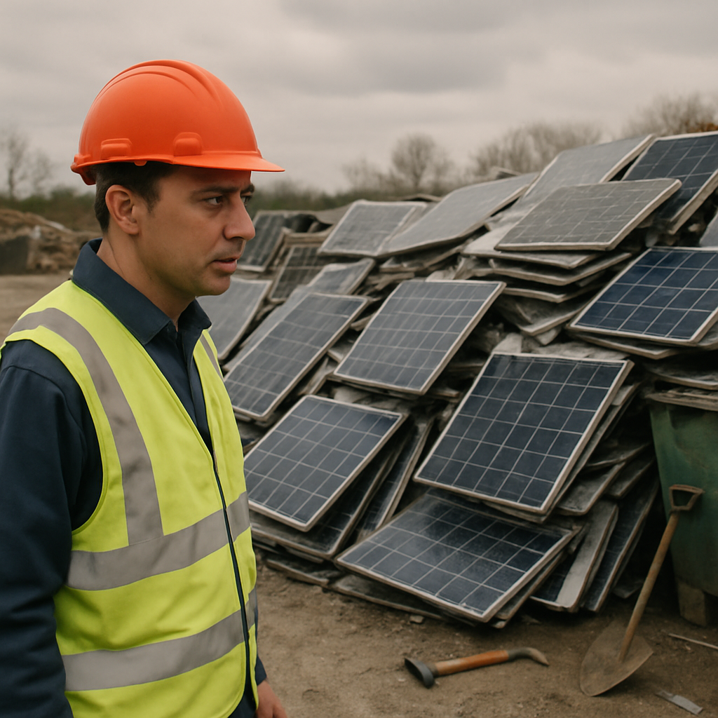 Old Solar Panels Disposal Site Piles of old solar panels awaiting disposal at a waste site with a concerned worker surveying the scene under an overcast sky.