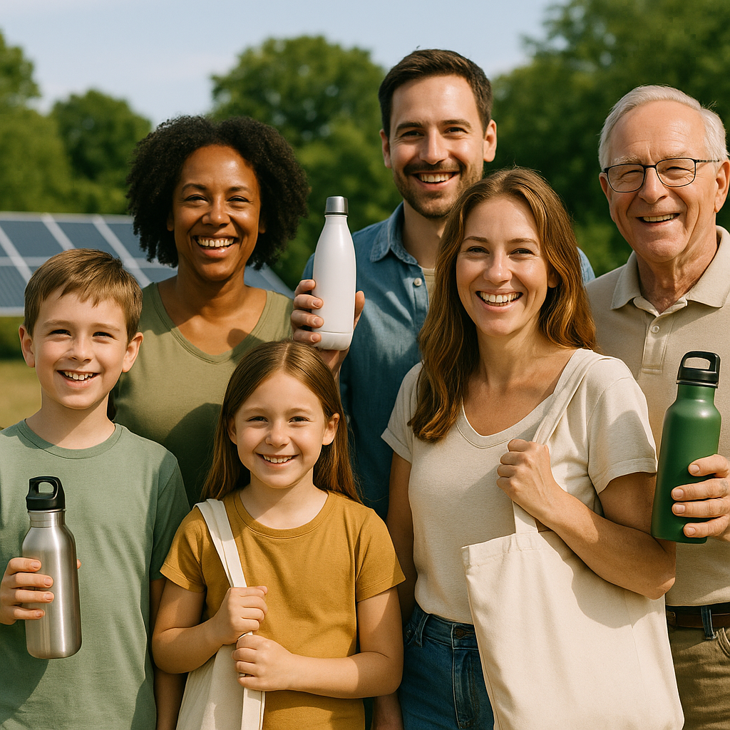 Diverse Group Embracing a Sustainable Future Optimistic group of diverse individuals of various ages holding reusable products with solar panels and greenery in the background, embodying a bright future atmosphere.