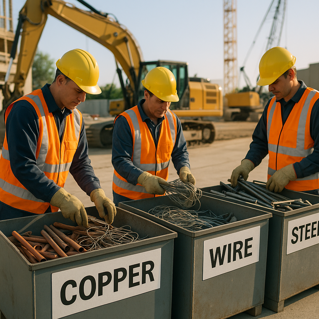 Organized scrap metal sorted into labeled bins at a construction site with workers in helmets