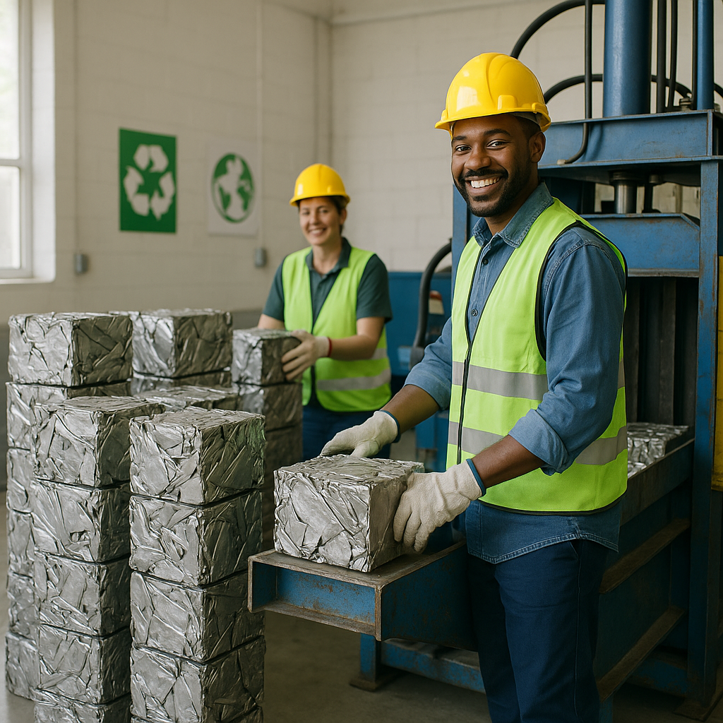 Organized stacks of compacted metal bales beside a baler machine in a clean recycling facility with smiling workers and visible environmental posters.