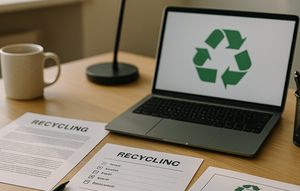 Close-up of organized recycling documents, checklists, and certificates on an office desk with a laptop and recycling symbol.