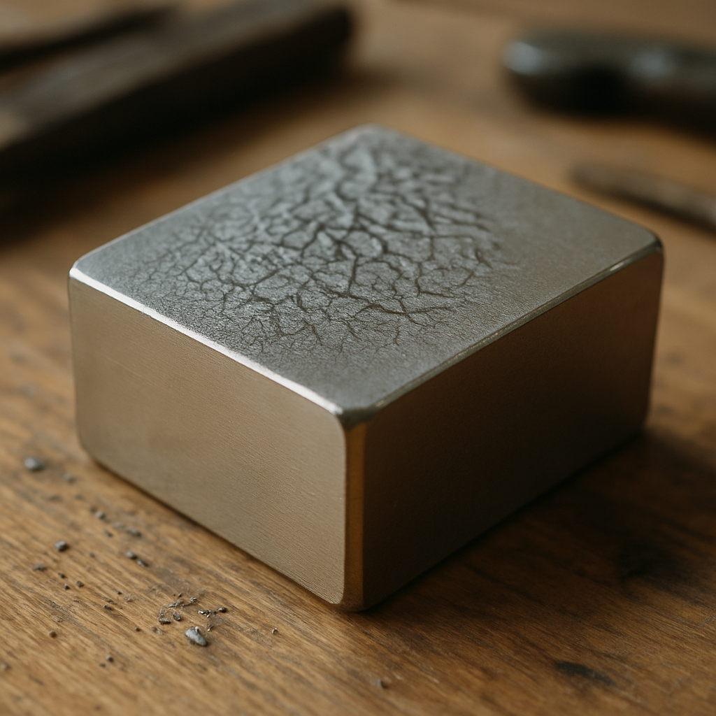 Close-up of a partially demagnetized neodymium magnet showing visible misaligned domains under soft lighting.