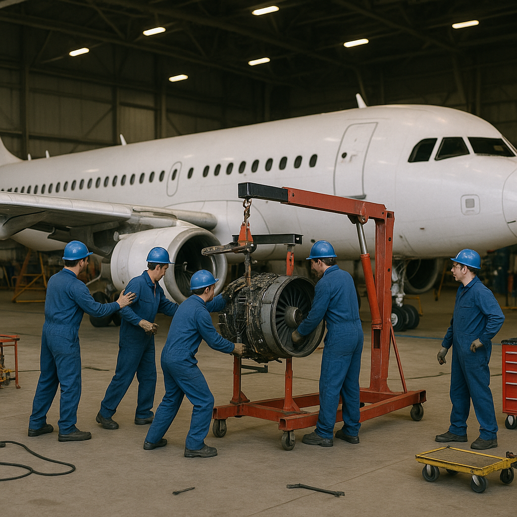 Mechanics Removing Jet Wings and Engines Mechanics carefully removing wings and engines from a large passenger jet in a spacious hangar, with realistic tools and machinery present.