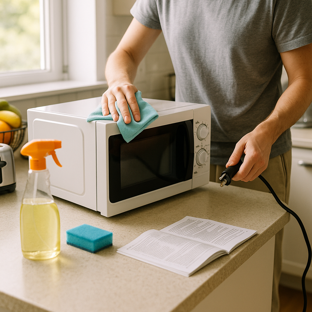 Cleaning a Microwave Person cleaning and unplugging a microwave on a kitchen counter with tools and instruction booklet nearby in bright natural light