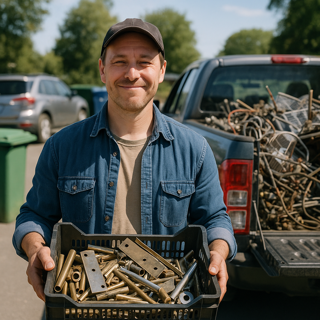 Person with Scrap Metal for Recycling Person holding a crate of clean, sorted scrap metal with visible satisfaction, standing next to a vehicle loaded for recycling on a sunny day.