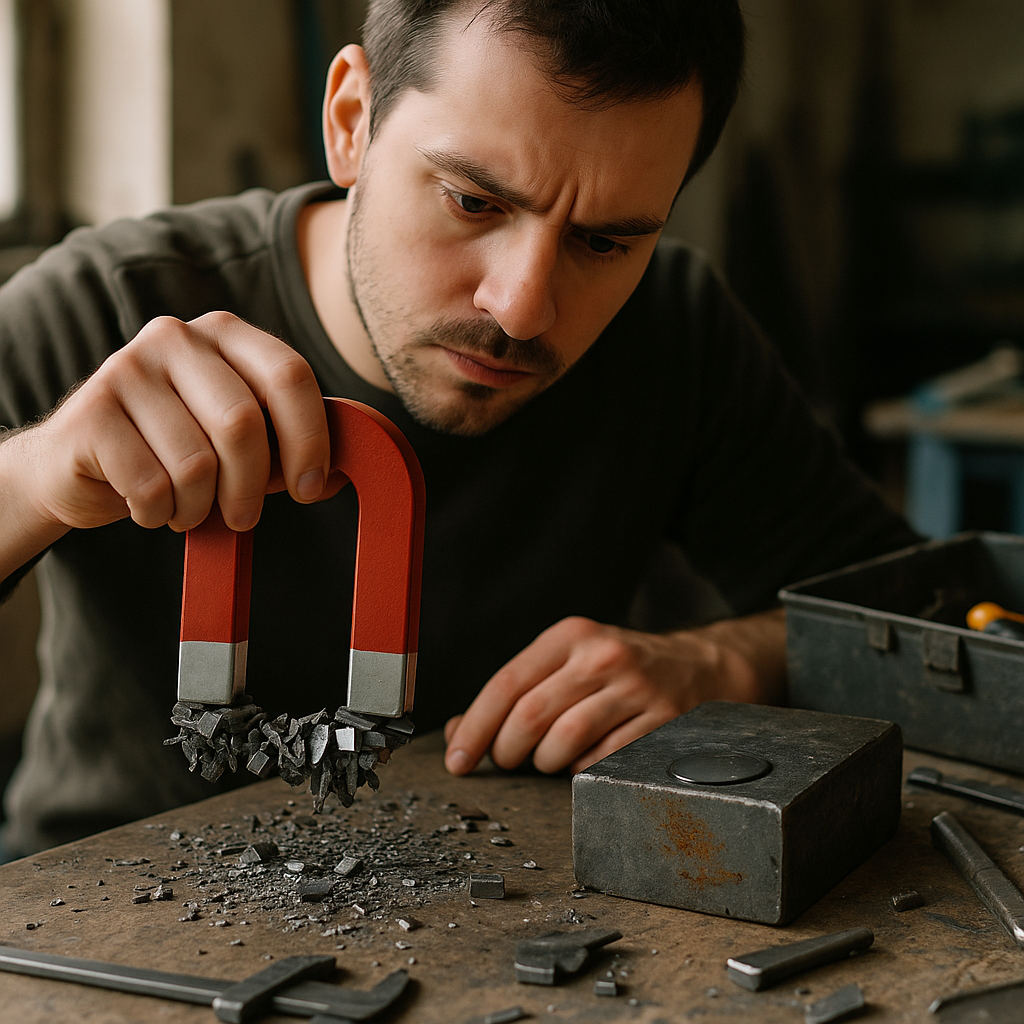 Person using a magnet against metal pieces on a workbench, with a drop of water on another piece showing rust beginnings.