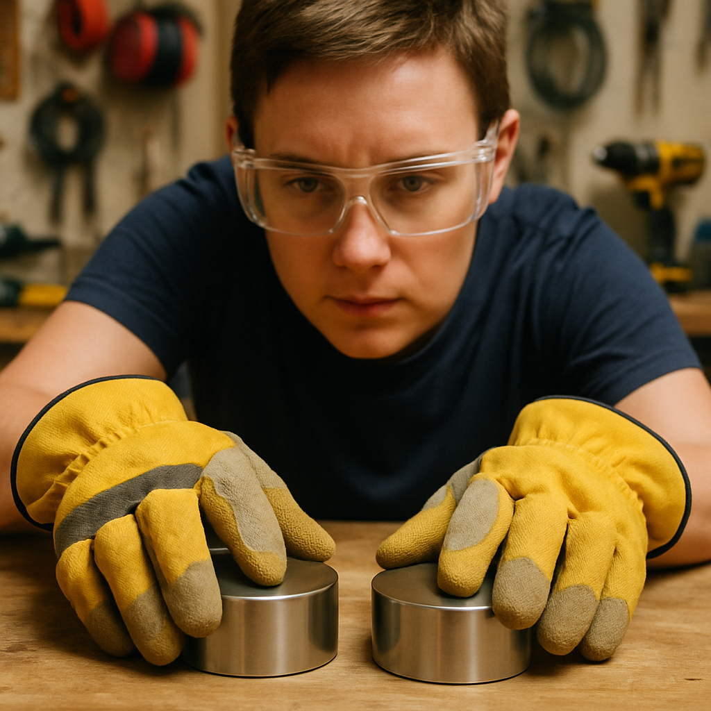 Person Handling Neodymium Magnets Person wearing protective gloves placing two large neodymium magnets on a workbench with bright lighting and safety goggles visible.