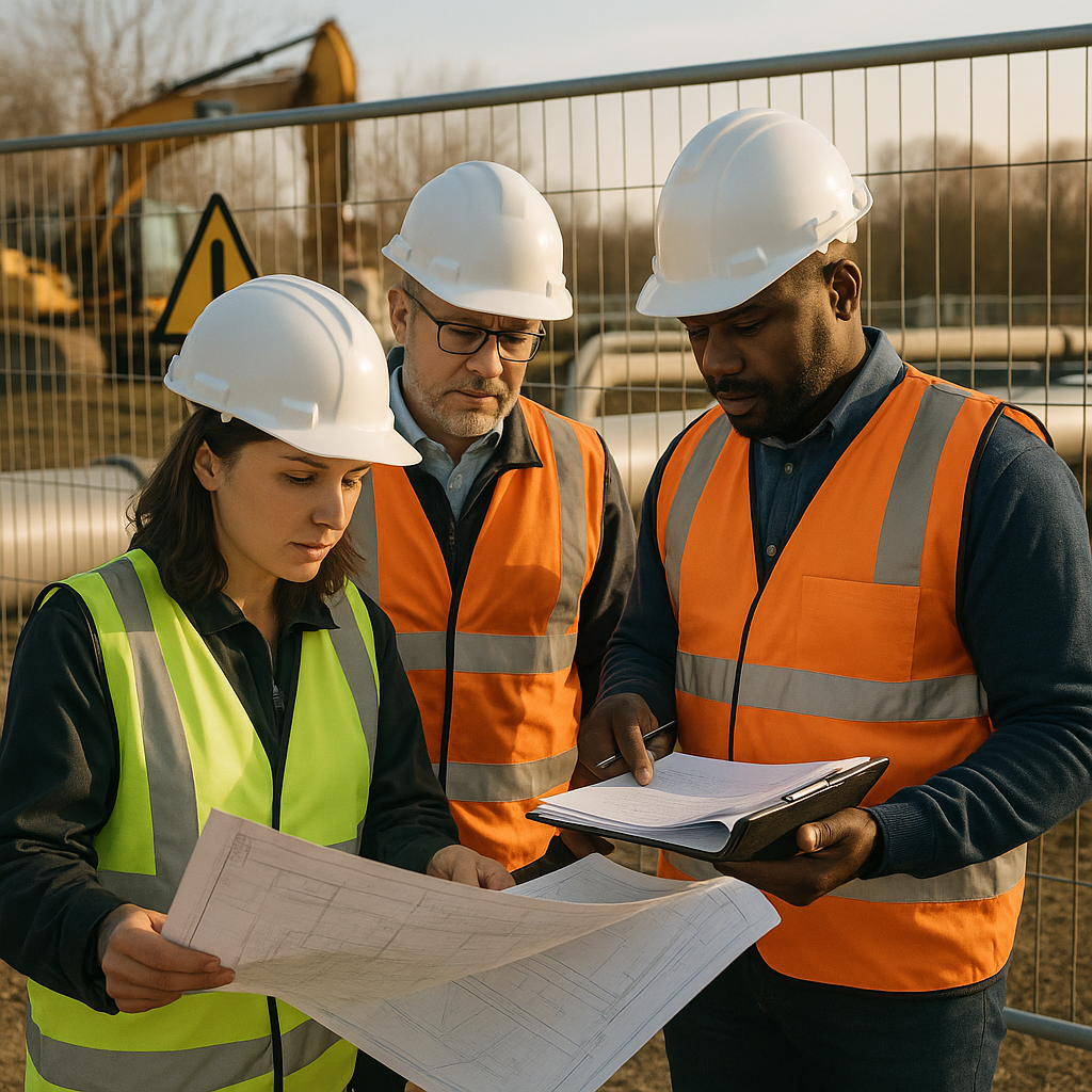 Officials in safety vests reviewing documents and blueprints beside a fenced-off pipeline site, with warning signs visible and a clipboard in hand.