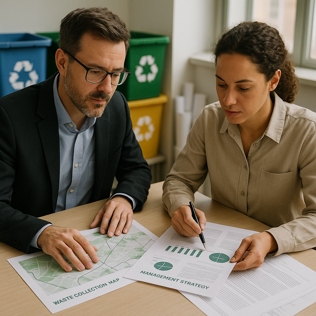 Reviewing Waste Collection Strategies Two professionals reviewing waste collection maps and strategy documents at a desk, with recycling bins and blueprints in the background in a well-lit office setting.
