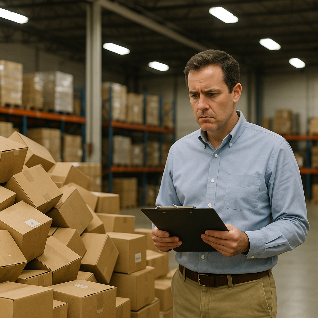 Quality control manager examining a stockpile of unsold goods in a warehouse with a clipboard in hand and a concerned expression.