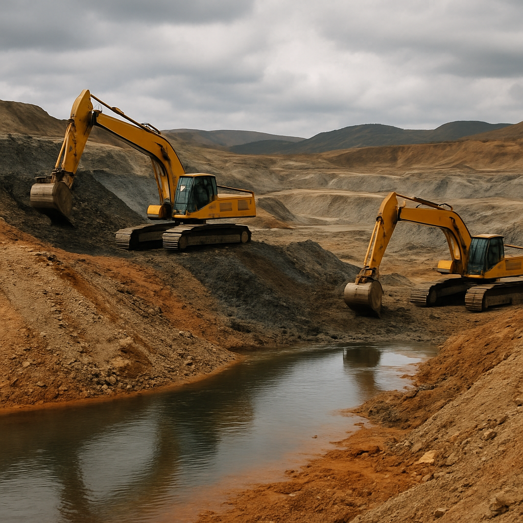 Open rare earth mine with excavators and piles of earth beside polluted water in a barren landscape under a cloudy sky.