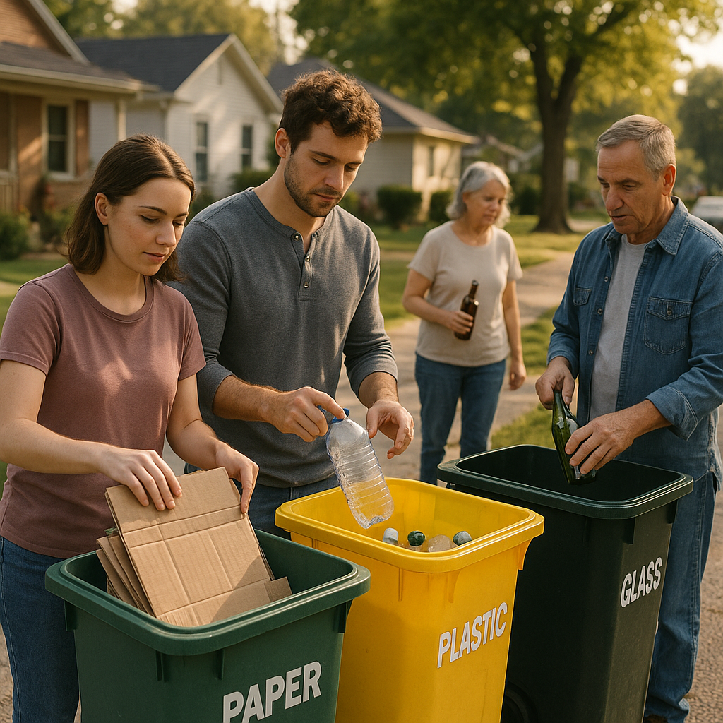 Curbside Recycling Collection in Suburban Homes People placing recyclables in labeled curbside bins in a suburban neighborhood on collection day.