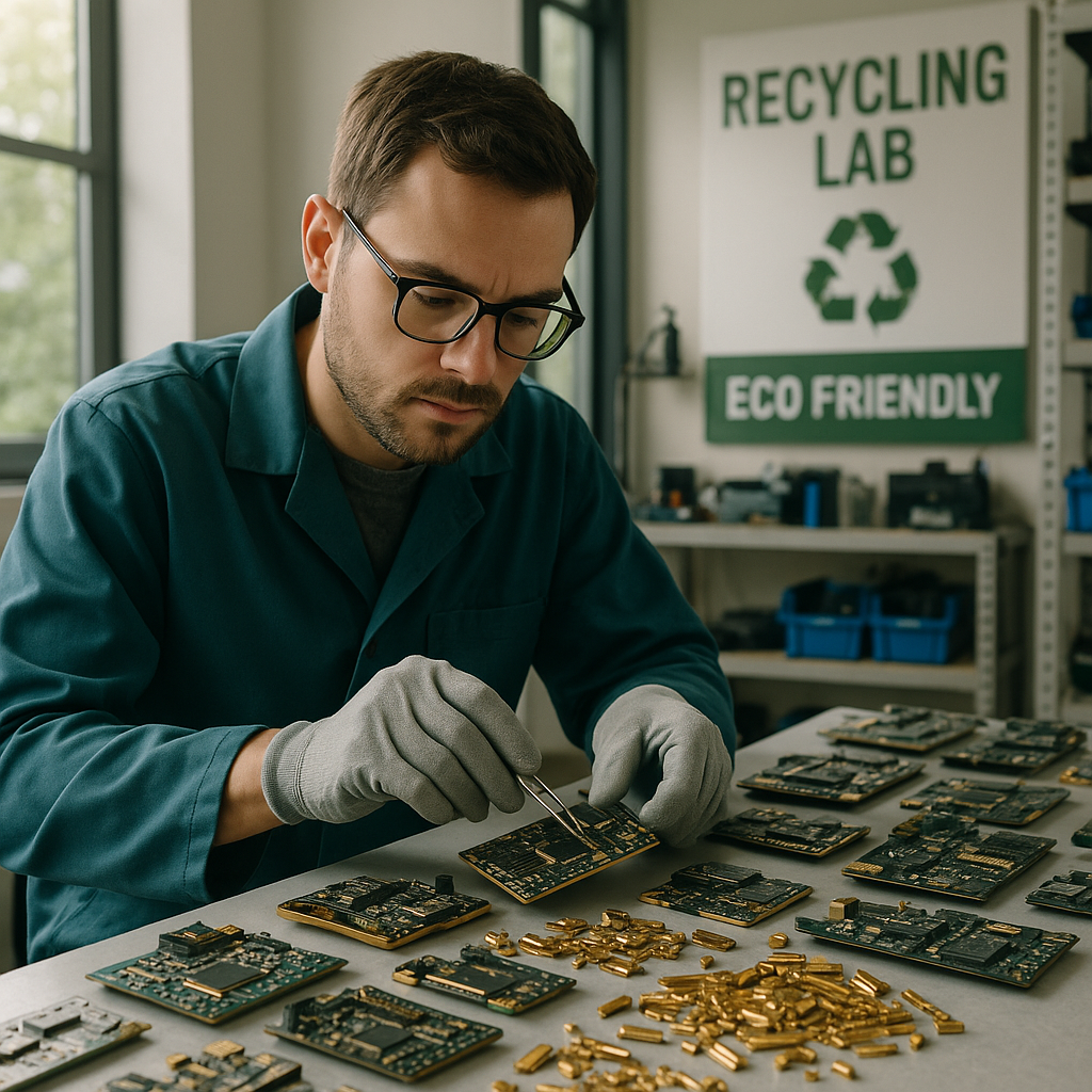 Technician in Eco-Friendly Electronics Recycling Lab Technician handling recycled electronic components in a modern recycling lab with gold-plated parts on the table, highlighting an eco-friendly atmosphere.