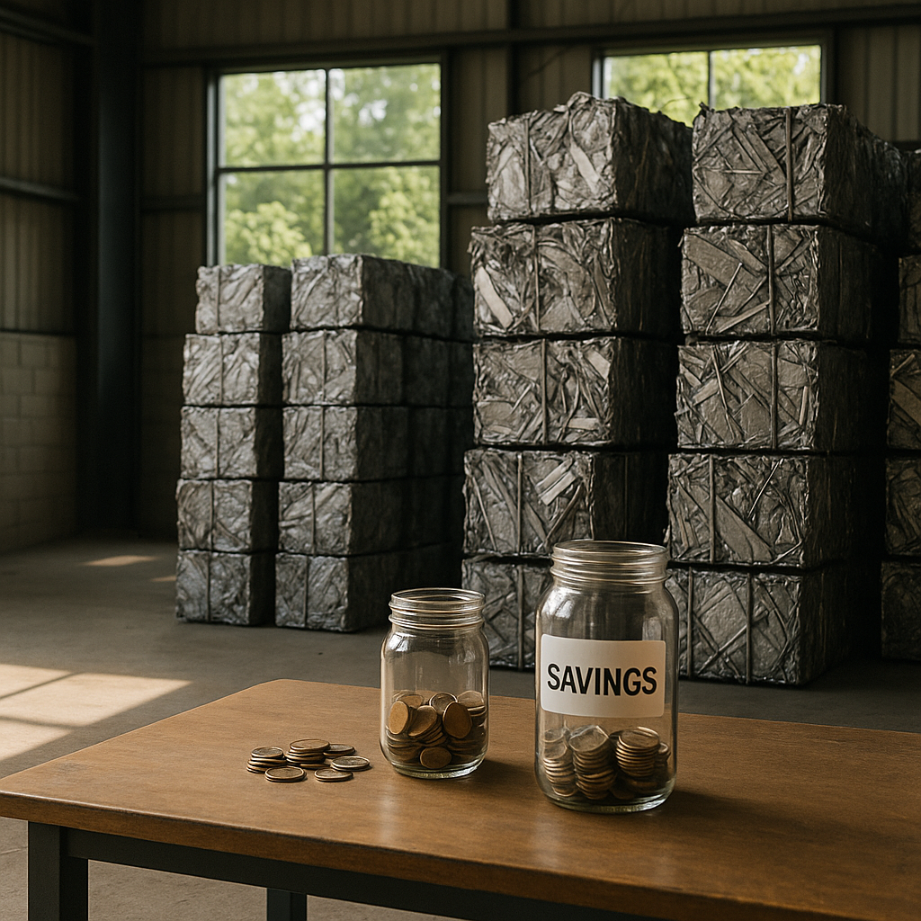 Sustainable Office with Recycled Metal Products Recycled metal products stacked neatly beside a table with coins and savings jars, with green trees visible through warehouse windows under bright lighting.