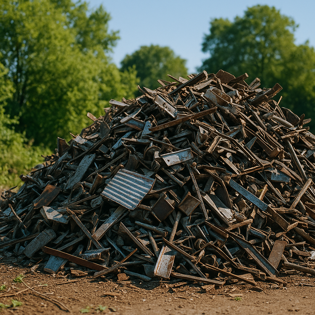 A pile of recycled metal ready for reuse beside green trees and a blue sky, symbolizing environmental renewal.