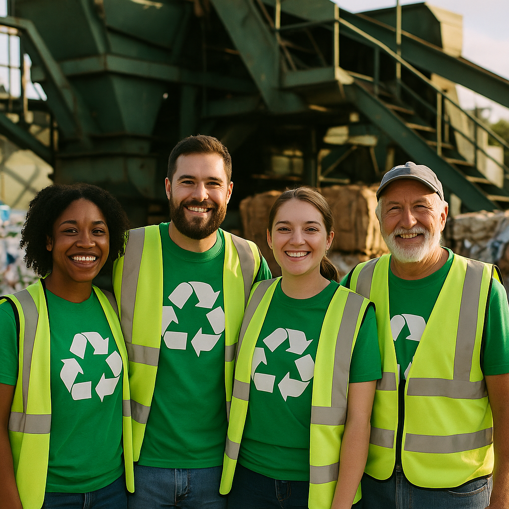 Smiling Recycling Team with Sorted Materials Recycling team standing together, smiling in front of machinery with neatly sorted recyclable materials in the background.