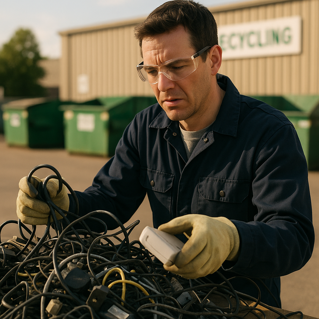 Technician Assessing Discarded Electronics A technician in protective gear examining a tangled pile of discarded electronics and cables, showing signs of difficulty and concern, with a recycling facility in the background.