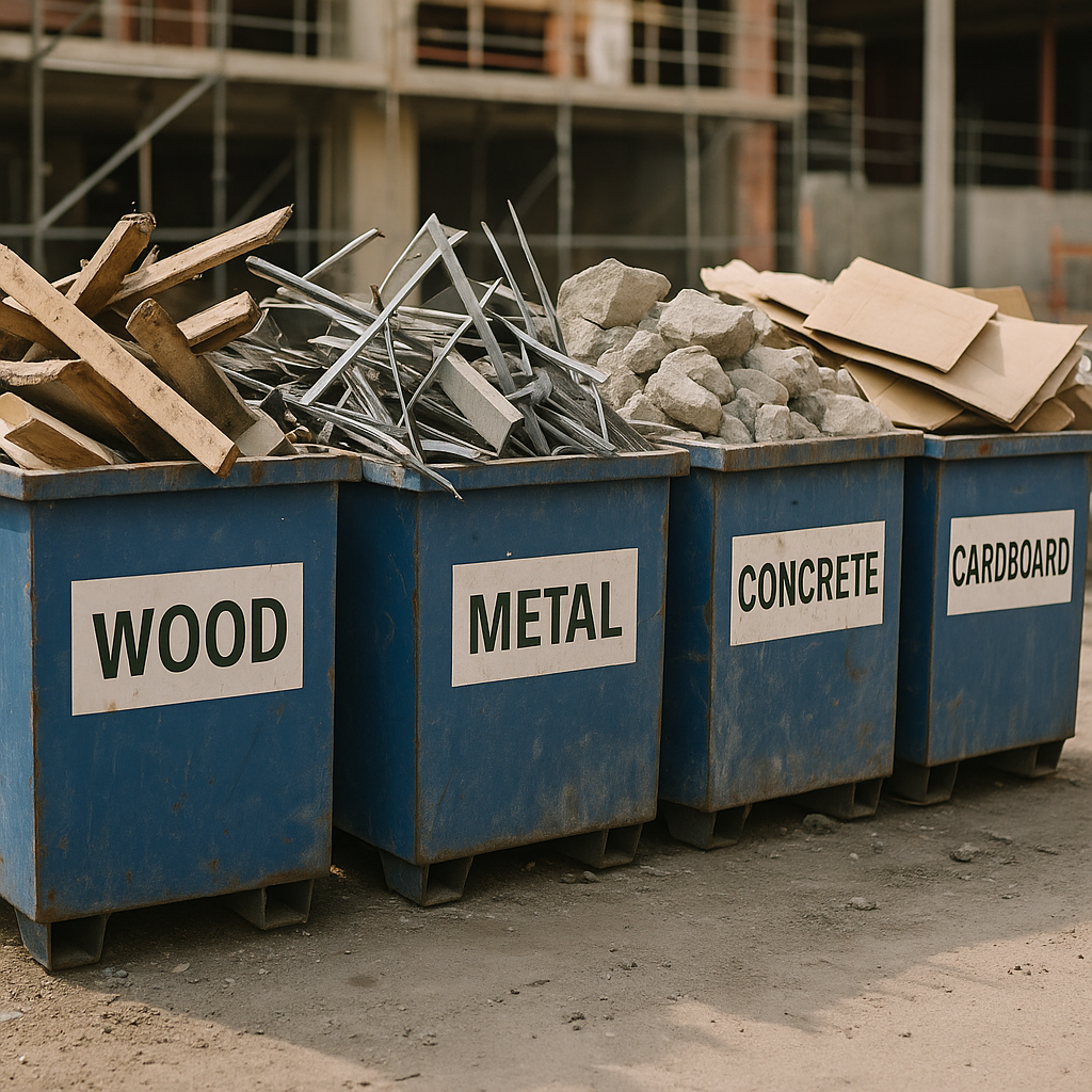 Close-up of labeled recycling bins at a construction site, filled with separated wood, metal, concrete, and cardboard debris.